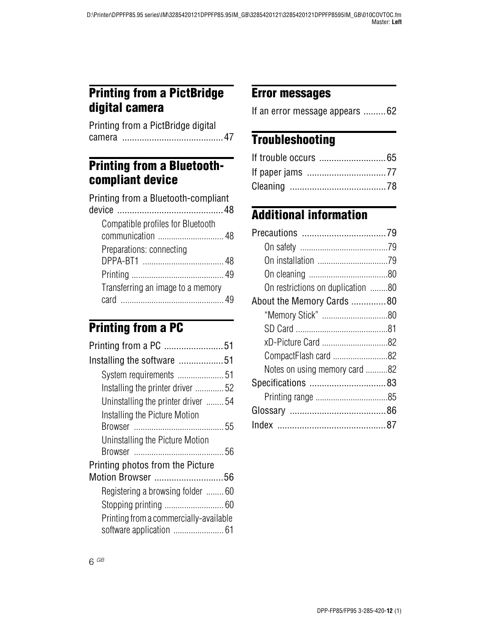 Printing from a pictbridge digital camera, Printing from a bluetooth- compliant device, Printing from a pc | Error messages, Troubleshooting, Additional information | Sony DPP-FP85 User Manual | Page 6 / 92