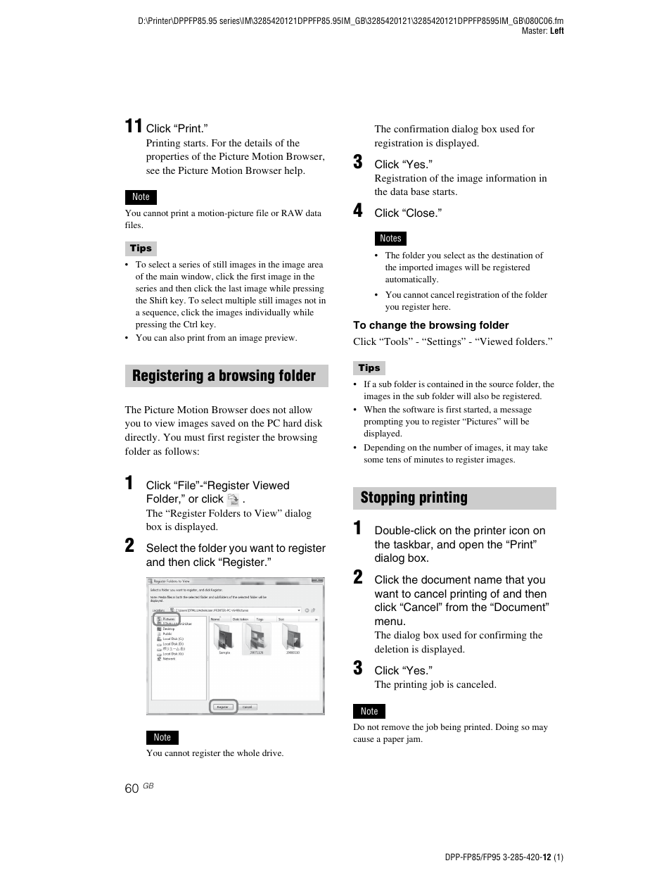 Registering a browsing folder, Stopping printing, Registering a browsing folder stopping printing | Sony DPP-FP85 User Manual | Page 60 / 92