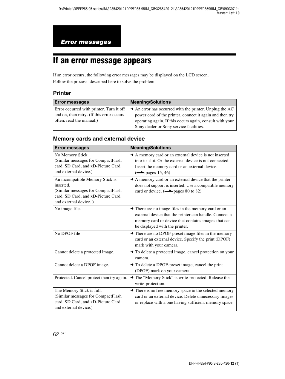 Error messages, If an error message appears | Sony DPP-FP85 User Manual | Page 62 / 92