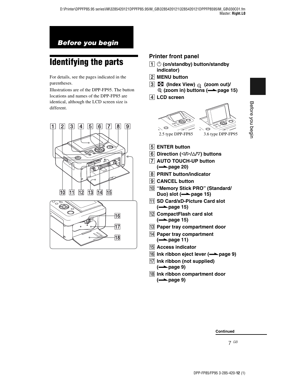 Before you begin, Identifying the parts | Sony DPP-FP85 User Manual | Page 7 / 92