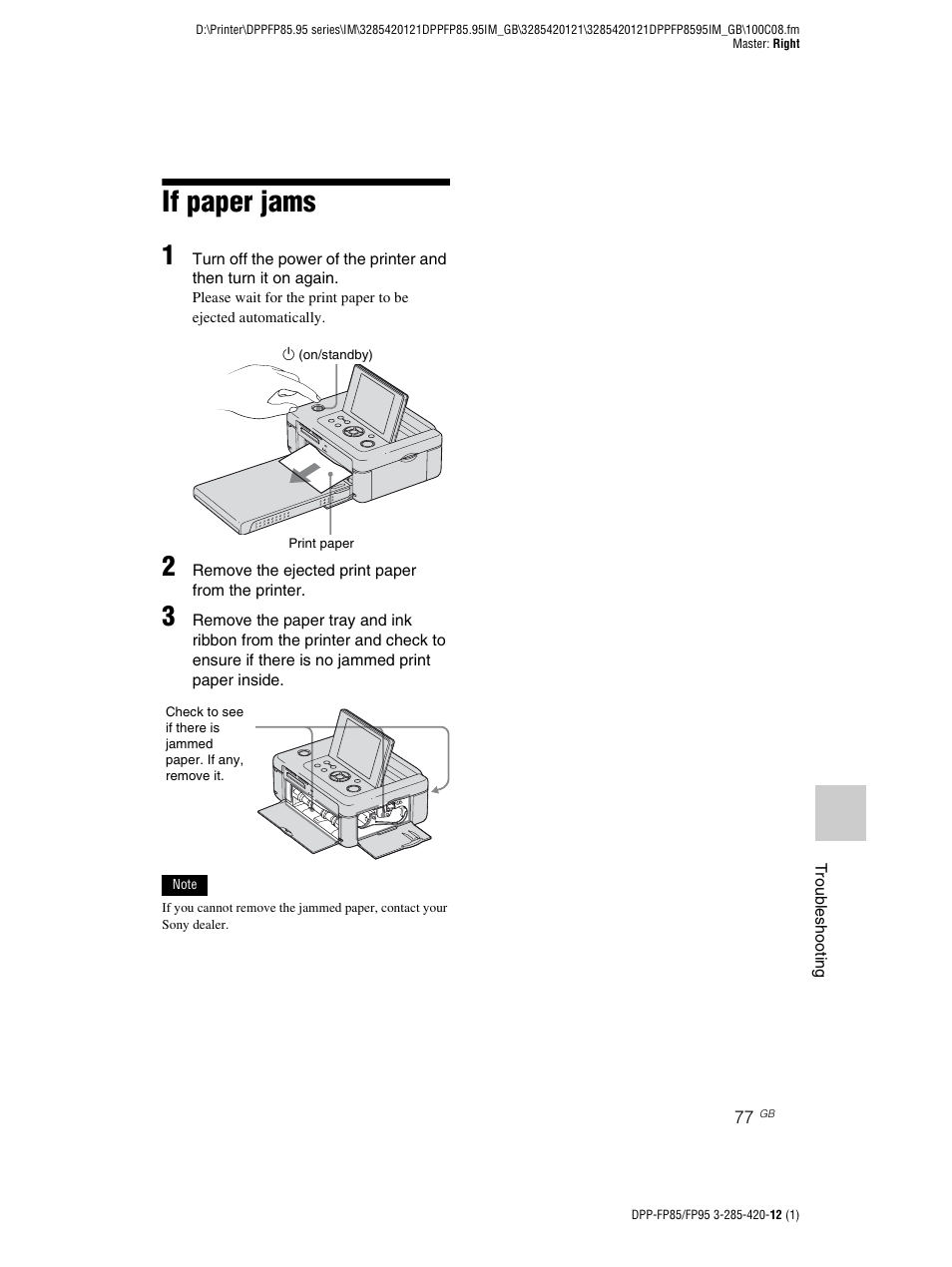 If paper jams | Sony DPP-FP85 User Manual | Page 77 / 92