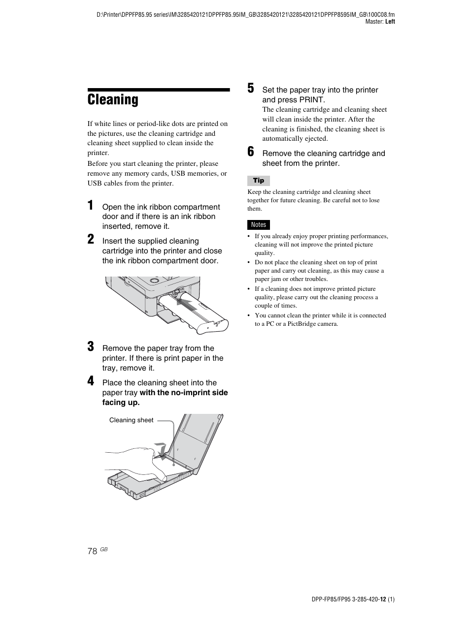 Cleaning | Sony DPP-FP85 User Manual | Page 78 / 92