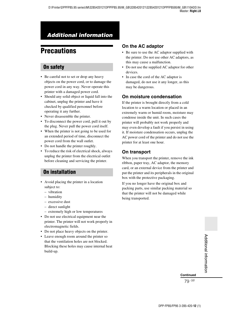 Additional information, Precautions, On safety | On installation, On safety on installation | Sony DPP-FP85 User Manual | Page 79 / 92