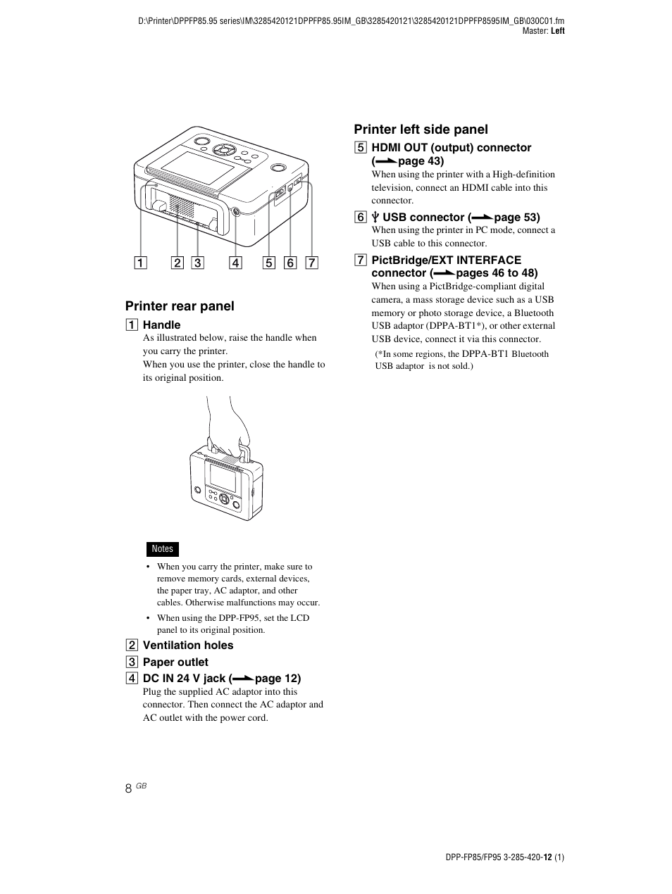 Printer rear panel, Printer left side panel | Sony DPP-FP85 User Manual | Page 8 / 92