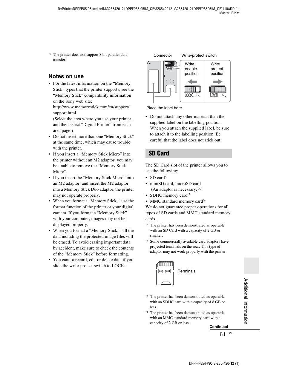 Sd card | Sony DPP-FP85 User Manual | Page 81 / 92