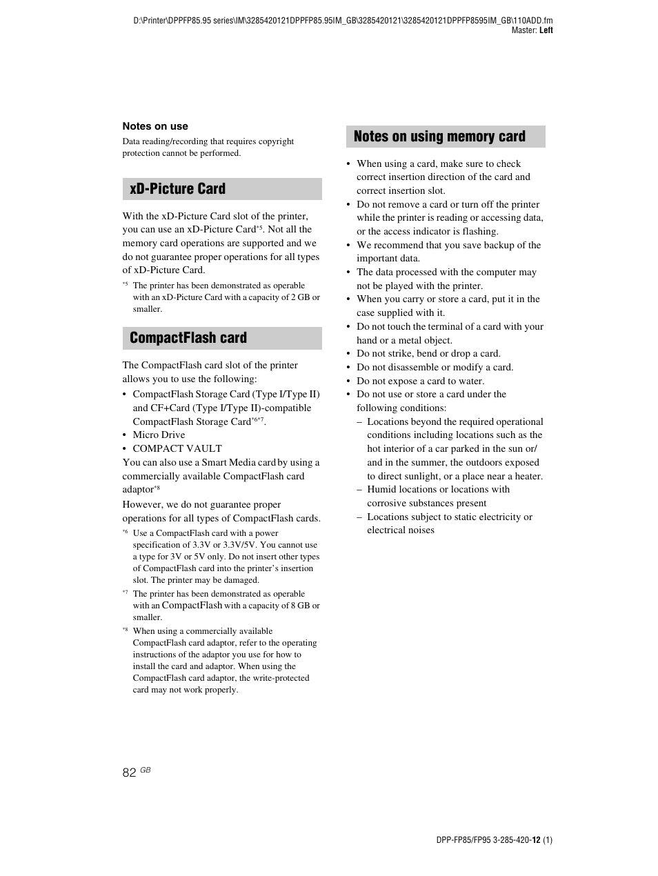 Xd-picture card, Compactflash card, Notes on using memory card | Sony DPP-FP85 User Manual | Page 82 / 92