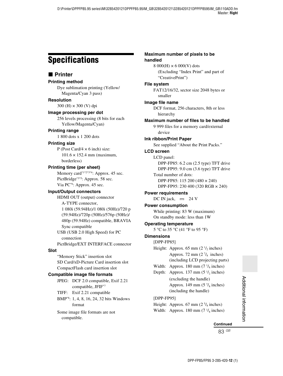 Specifications, X printer | Sony DPP-FP85 User Manual | Page 83 / 92