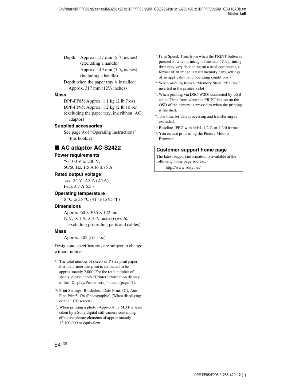 X ac adaptor ac-s2422 | Sony DPP-FP85 User Manual | Page 84 / 92