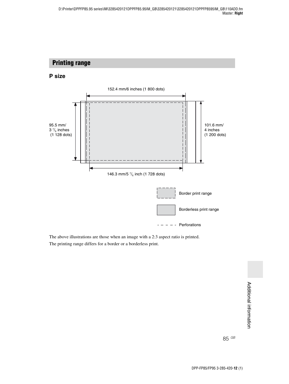 Printing range, P size | Sony DPP-FP85 User Manual | Page 85 / 92