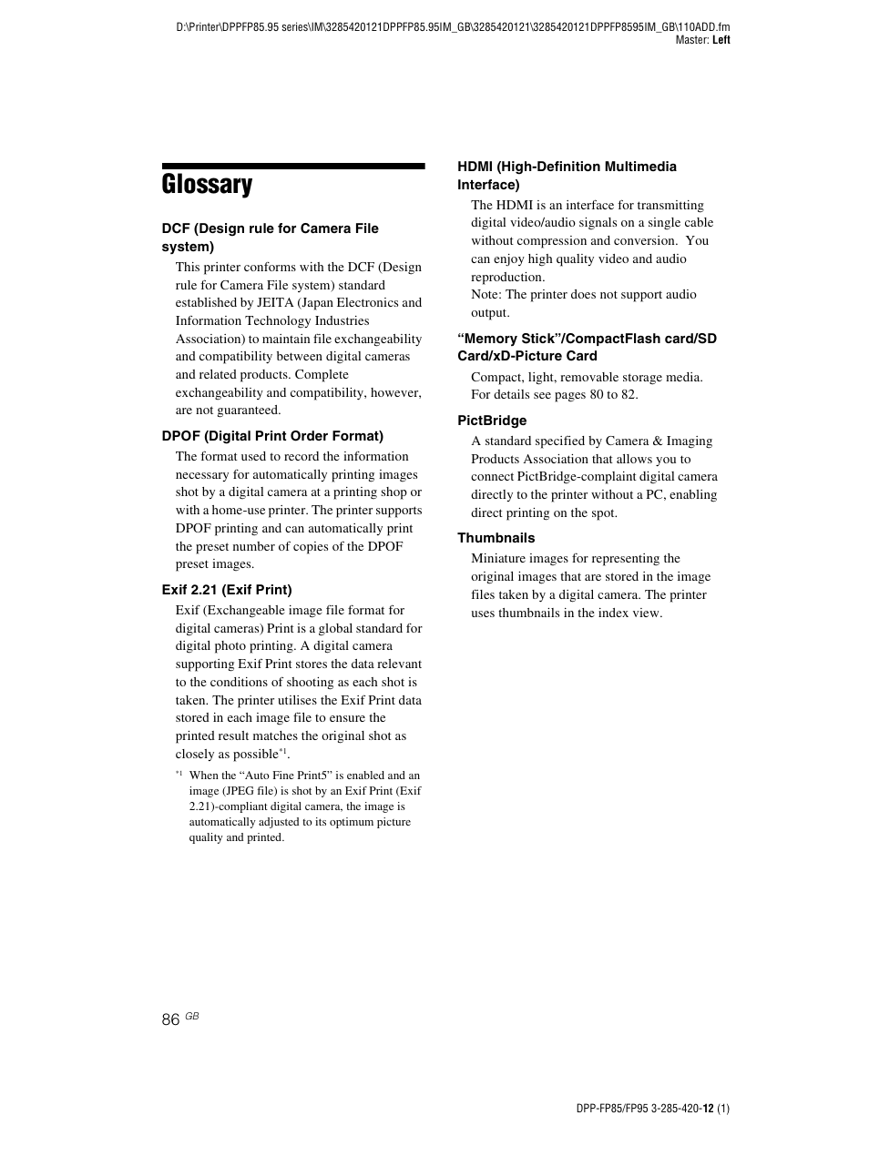 Glossary | Sony DPP-FP85 User Manual | Page 86 / 92