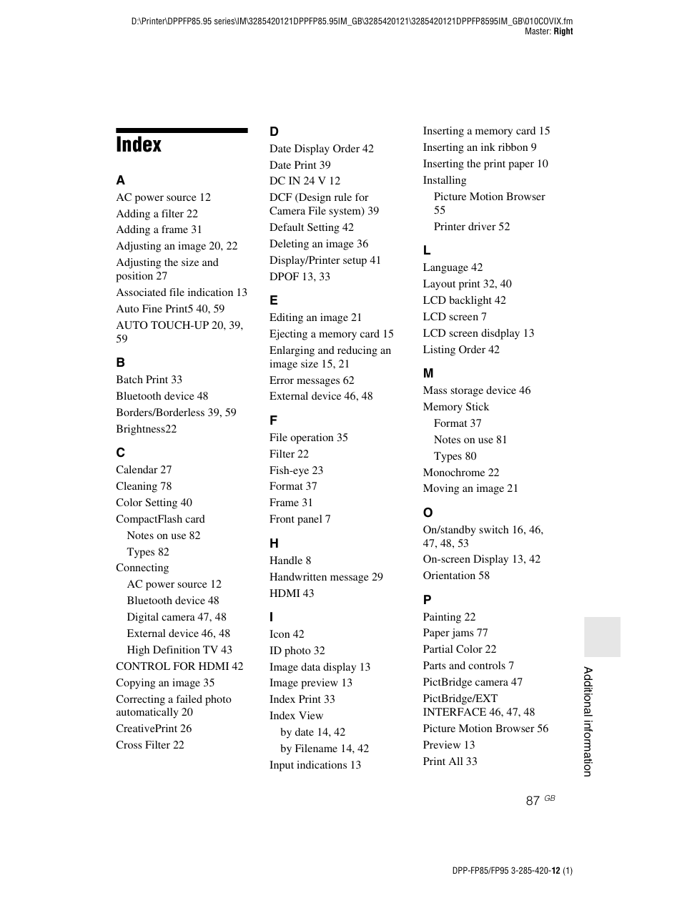 Index | Sony DPP-FP85 User Manual | Page 87 / 92