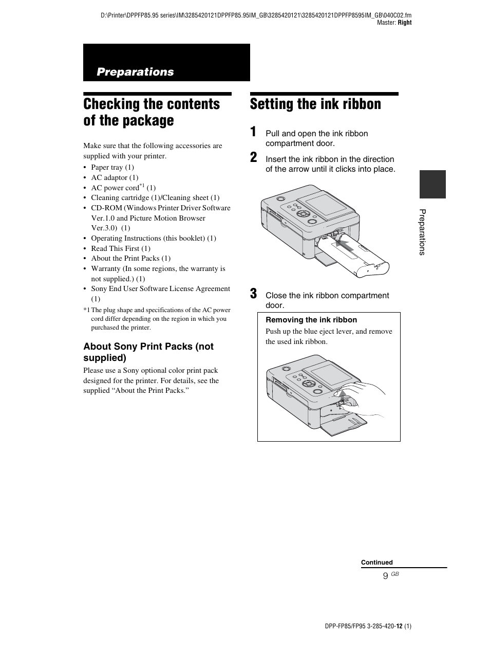 Preparations, Checking the contents of the package, Setting the ink ribbon | Sony DPP-FP85 User Manual | Page 9 / 92