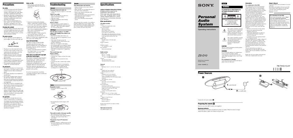 Sony ZS-D10 User Manual | 2 pages