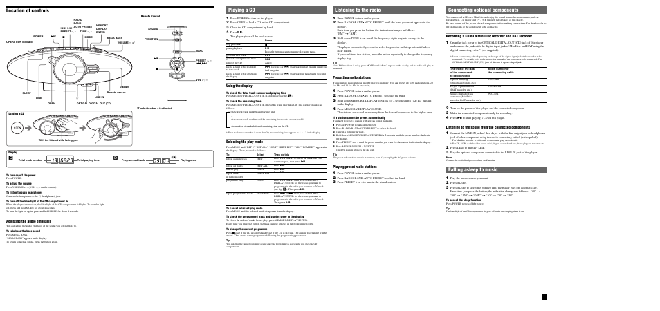 Location of controls, Listening to the radio, Connecting optional components | Falling asleep to music, Playing a cd, Adjusting the audio emphasis, Presetting radio stations, Playing preset radio stations 1, Using the display, Selecting the play mode | Sony ZS-D10 User Manual | Page 2 / 2