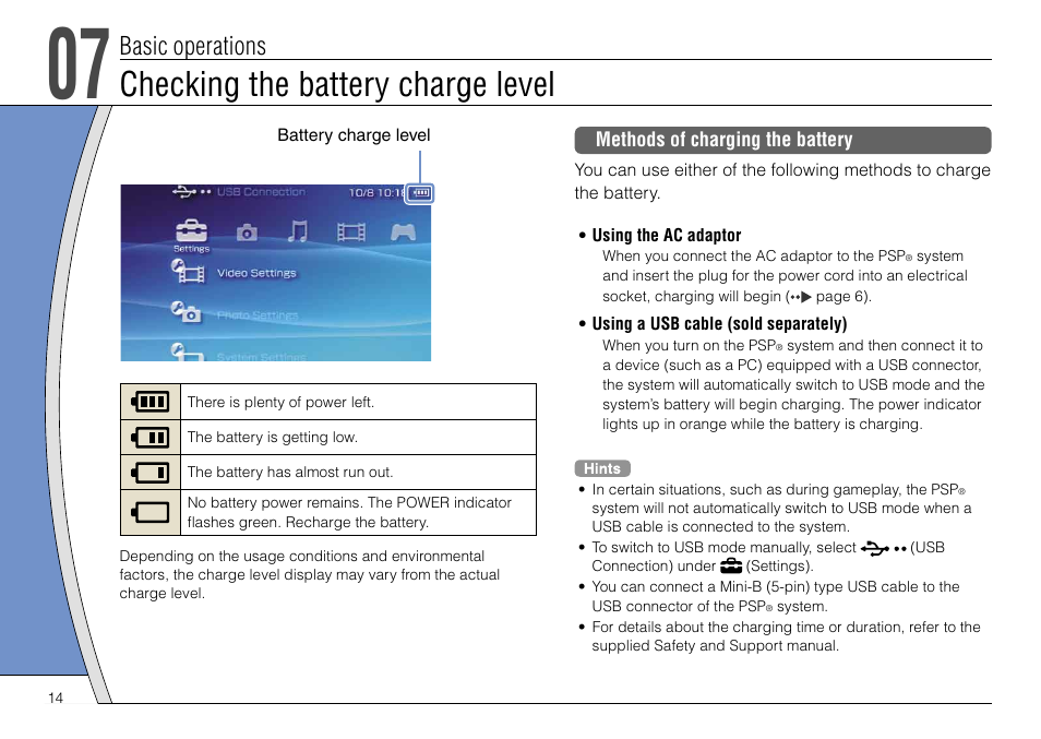 Checking the battery charge level, Basic operations | Sony PSP-3004 User Manual | Page 14 / 32