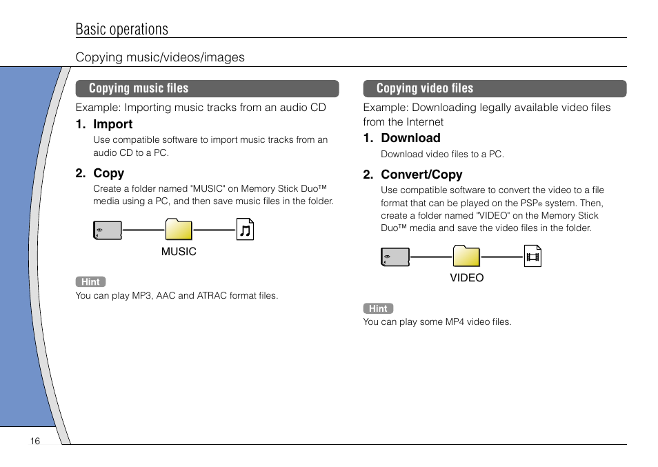 Basic operations | Sony PSP-3004 User Manual | Page 16 / 32