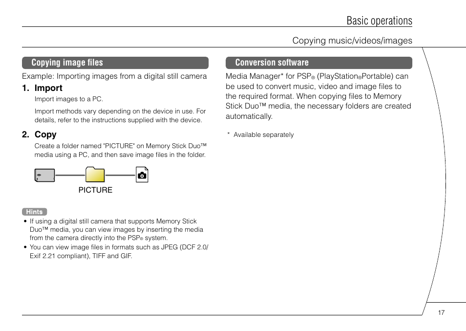 Basic operations, Copying music/videos/images copying image files, Import | Copy, Conversion software | Sony PSP-3004 User Manual | Page 17 / 32