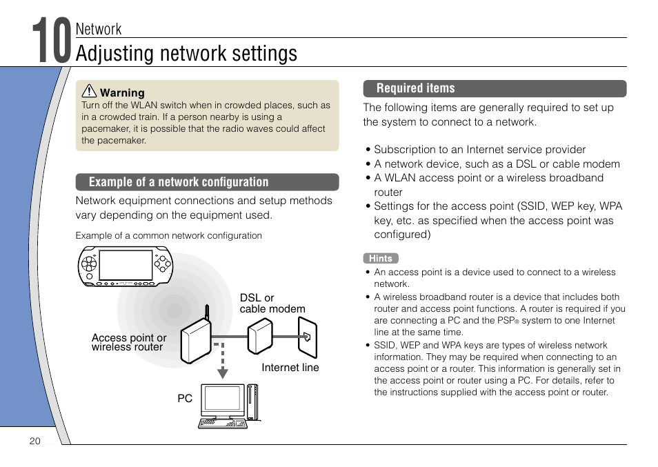 Adjusting network settings, Network | Sony PSP-3004 User Manual | Page 20 / 32