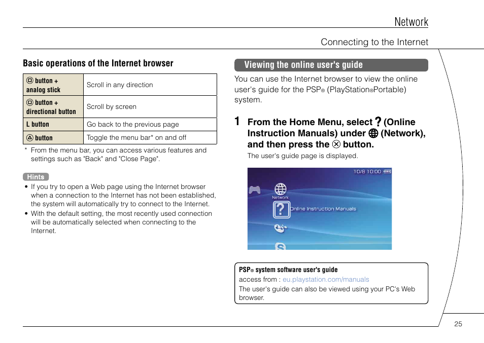 Network, Basic operations of the internet browser, Viewing the online user's guide | Connecting to the internet | Sony PSP-3004 User Manual | Page 25 / 32