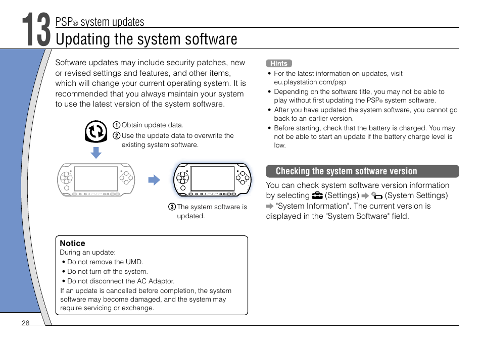 Updating the system software, System updates | Sony PSP-3004 User Manual | Page 28 / 32