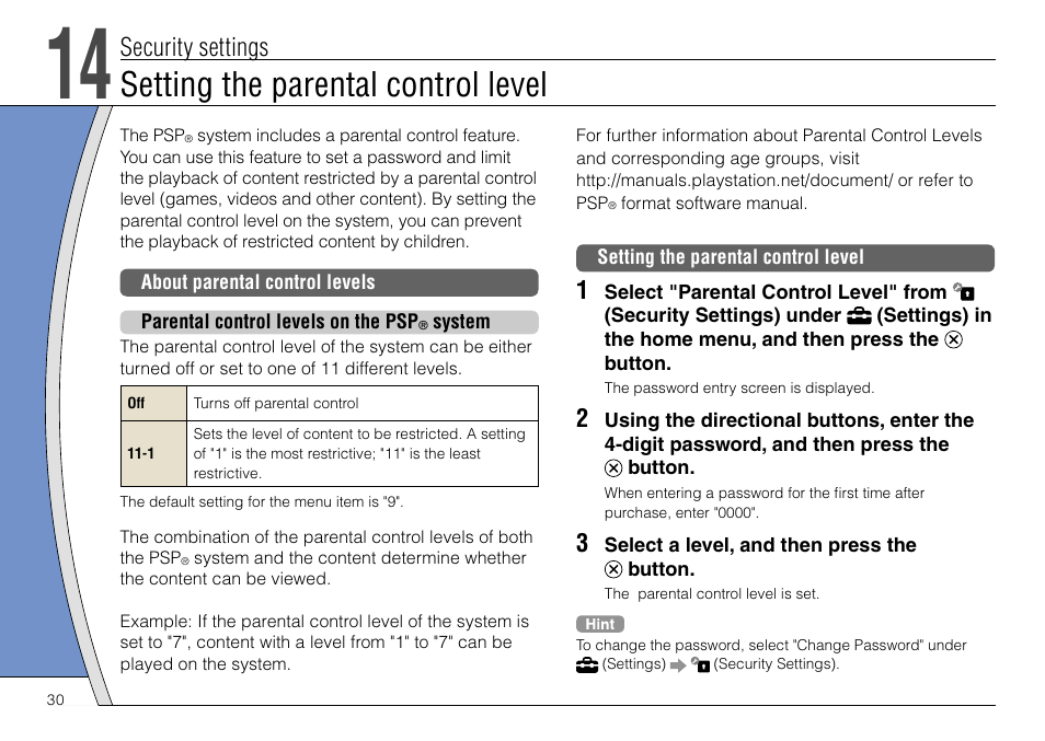 Setting the parental control level, Security settings | Sony PSP-3004 User Manual | Page 30 / 32