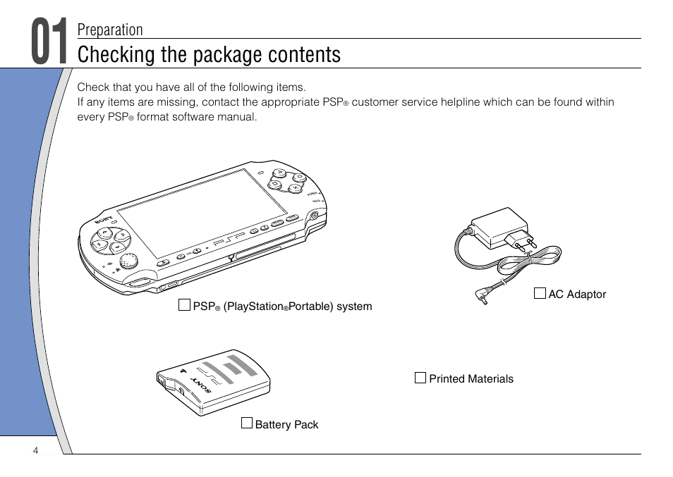 Checking the package contents, Preparation | Sony PSP-3004 User Manual | Page 4 / 32