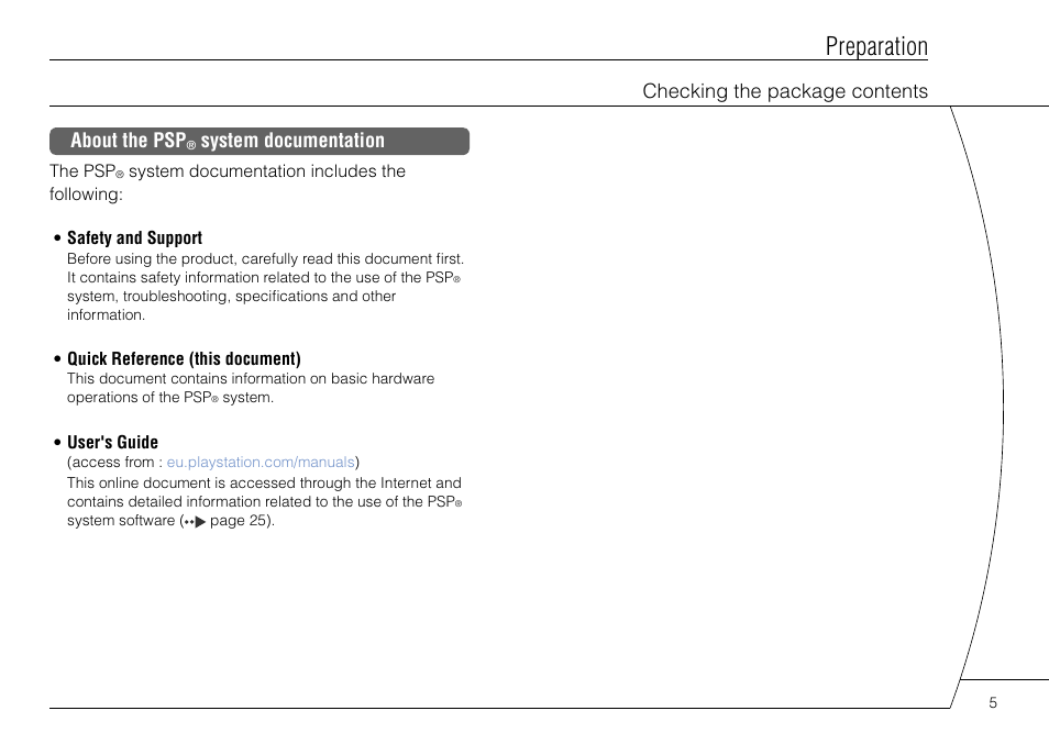 Preparation, Checking the package contents about the psp, System documentation | Sony PSP-3004 User Manual | Page 5 / 32