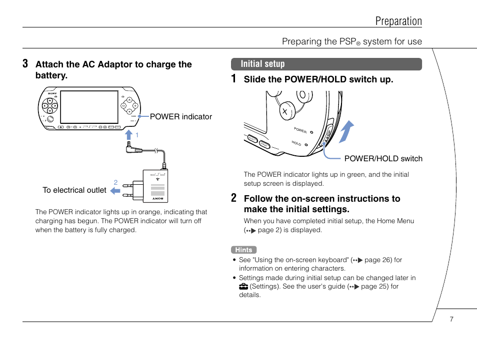 Preparation, Preparing the psp, System for use | Attach the ac adaptor to charge the battery, Initial setup, Slide the power/hold switch up | Sony PSP-3004 User Manual | Page 7 / 32