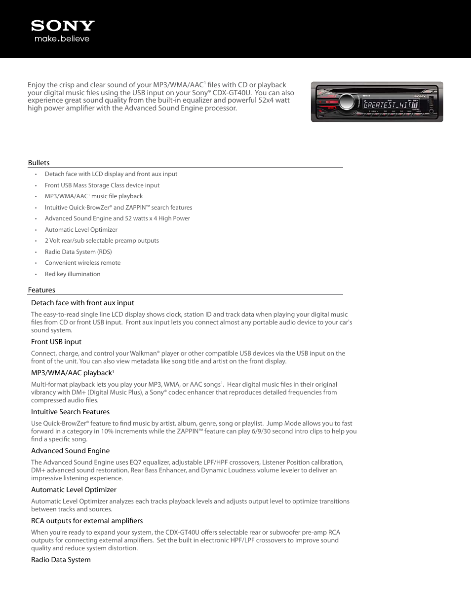 Sony CDX-GT40U User Manual | 5 pages