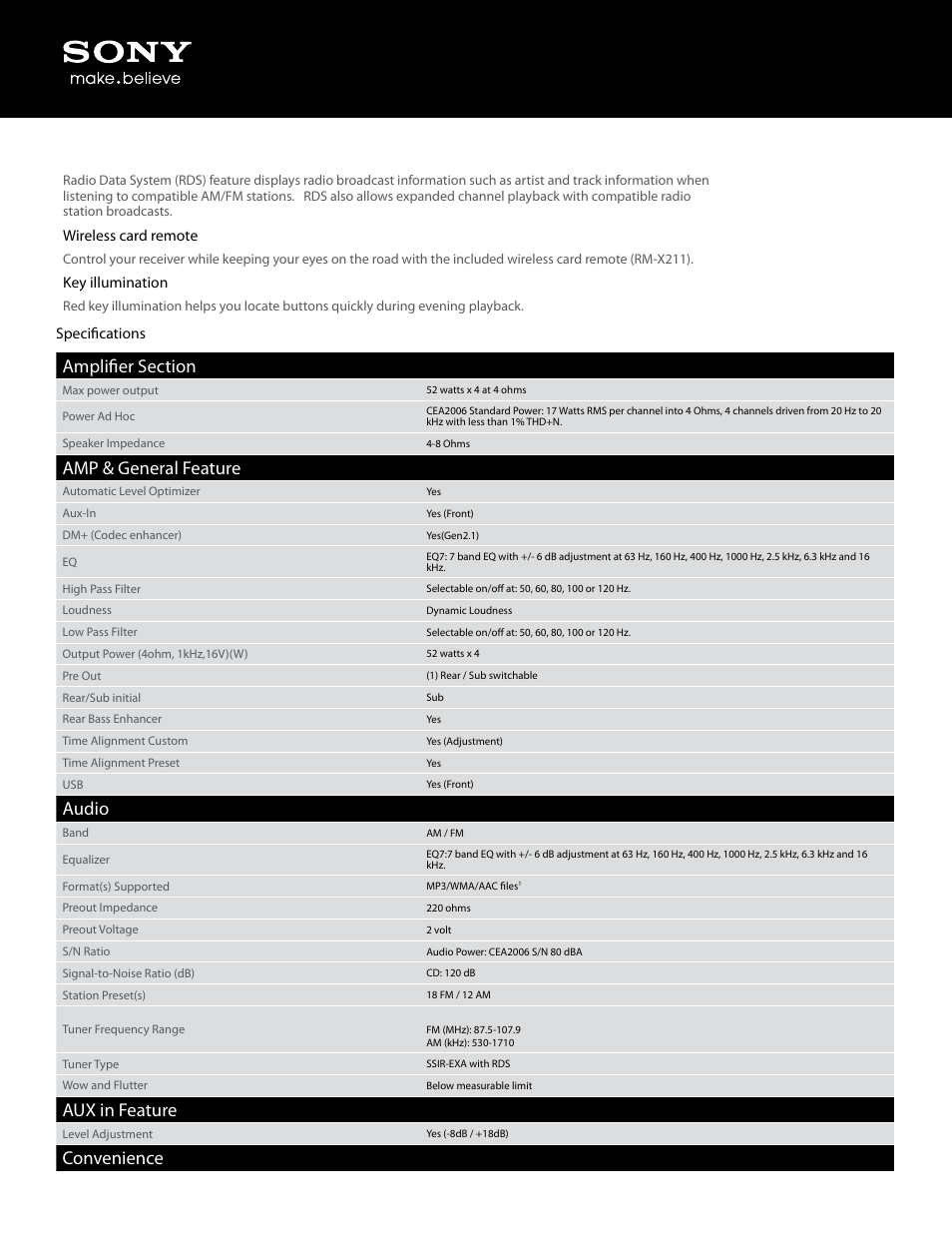 Amp & general feature, Audio, Aux in feature | Convenience | Sony CDX-GT40U User Manual | Page 2 / 5