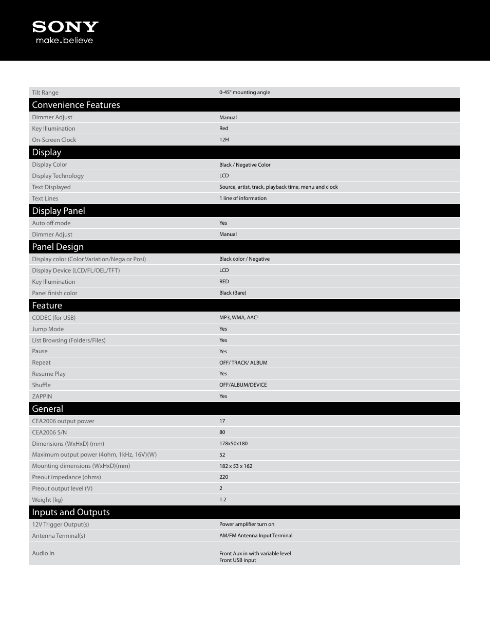 Convenience features, Display, Display panel | Panel design, Feature, General, Inputs and outputs | Sony CDX-GT40U User Manual | Page 3 / 5