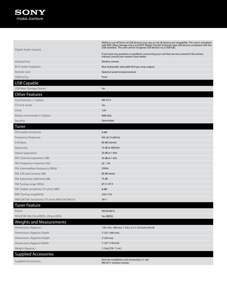 Usb capable, Other features, Tuner | Tuner feature, Weights and measurements, Supplied accessories | Sony CDX-GT40U User Manual | Page 4 / 5