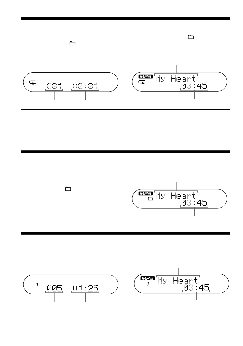 Playing tracks repeatedly (repeat play), Playing a single track (single play), Playing all files in a selected folder | Folder play) (mp3 cd only), Playing tracks repeatedly, Playing a single track | Sony D-CJ01 User Manual | Page 12 / 32