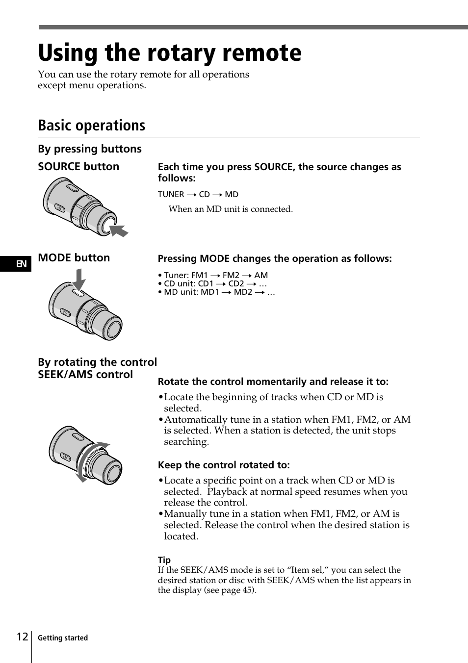 Using the rotary remote, Basic operations | Sony CDX-C90 User Manual | Page 12 / 68