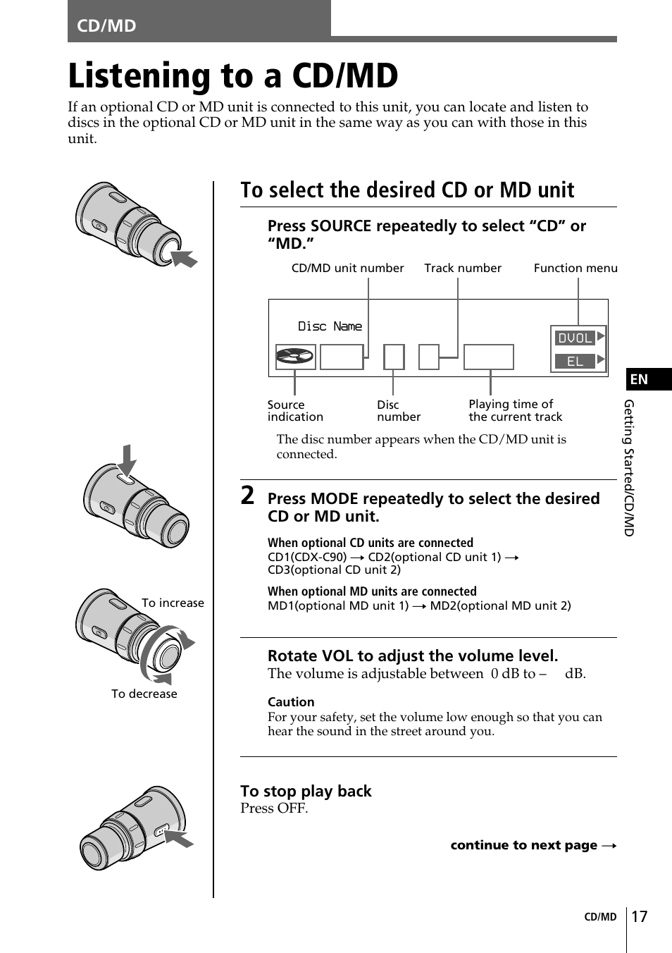 Listening to a cd/md | Sony CDX-C90 User Manual | Page 17 / 68