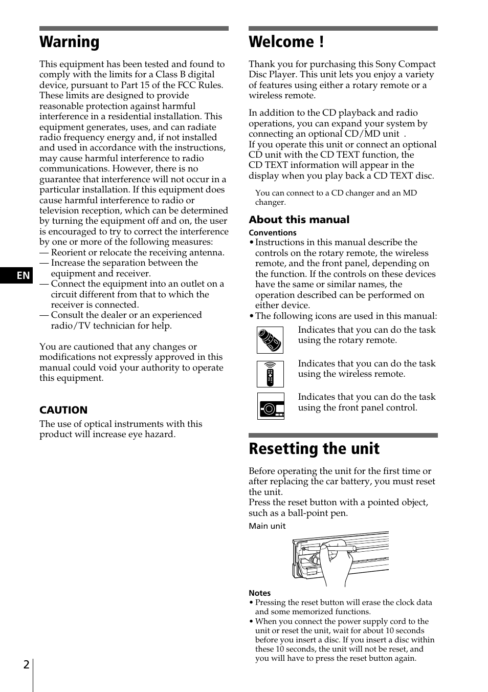 Warning, Welcome, Resetting the unit | Sony CDX-C90 User Manual | Page 2 / 68