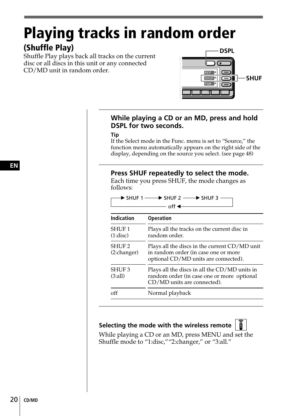 Playing tracks in random order, Shuffle play) | Sony CDX-C90 User Manual | Page 20 / 68