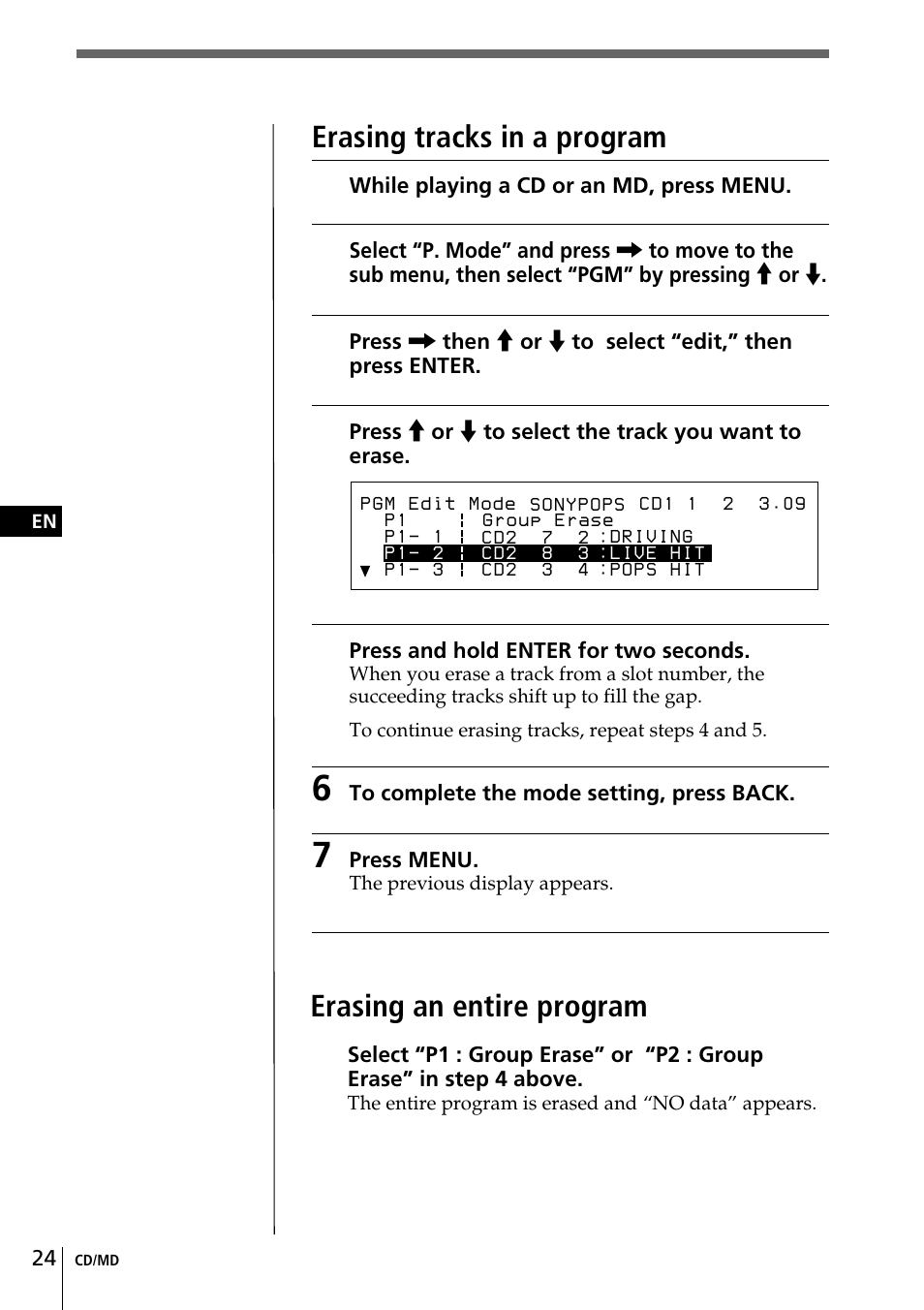Erasing an entire program, Erasing tracks in a program | Sony CDX-C90 User Manual | Page 24 / 68