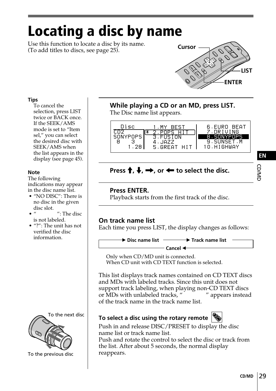 Locating a disc by name | Sony CDX-C90 User Manual | Page 29 / 68
