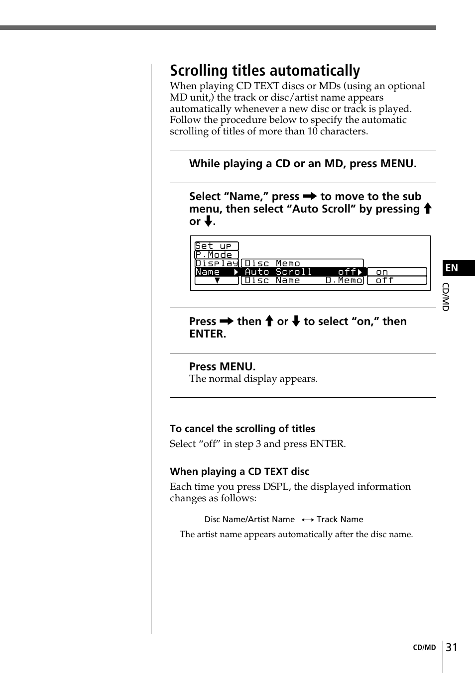 Scrolling titles automatically | Sony CDX-C90 User Manual | Page 31 / 68