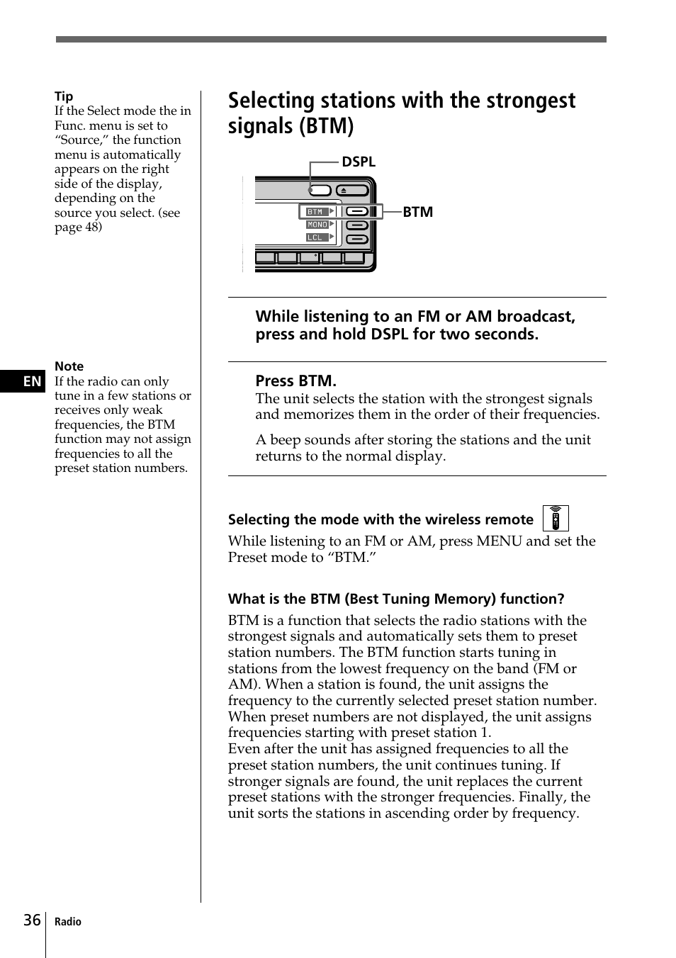 Press btm | Sony CDX-C90 User Manual | Page 36 / 68