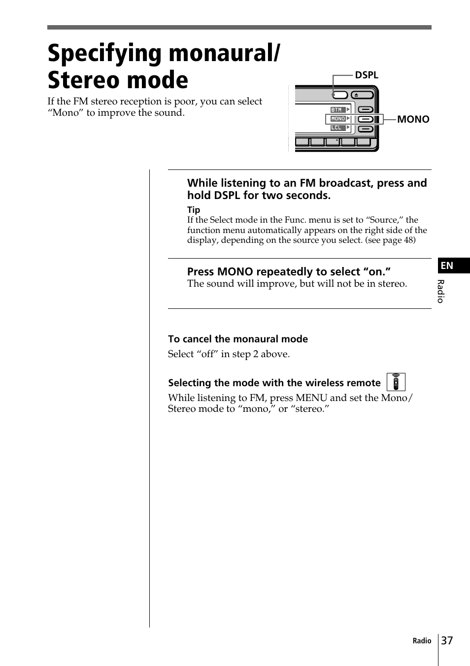 Specifying monaural/ stereo mode | Sony CDX-C90 User Manual | Page 37 / 68