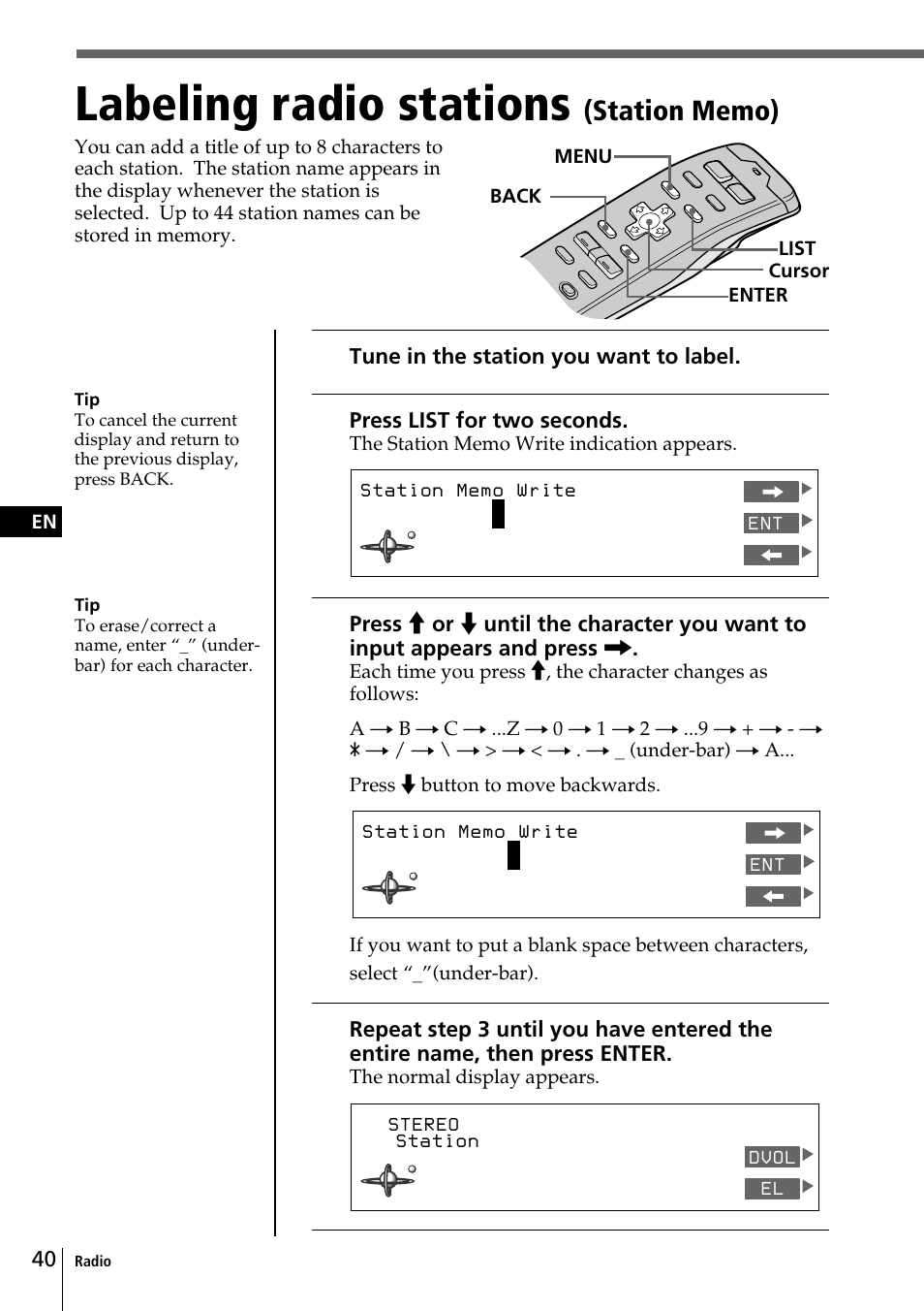 Labeling radio stations | Sony CDX-C90 User Manual | Page 40 / 68