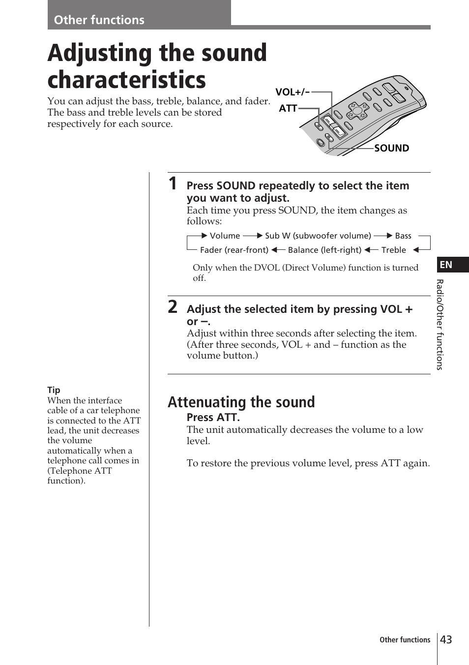 Adjusting the sound characteristics, Attenuating the sound | Sony CDX-C90 User Manual | Page 43 / 68