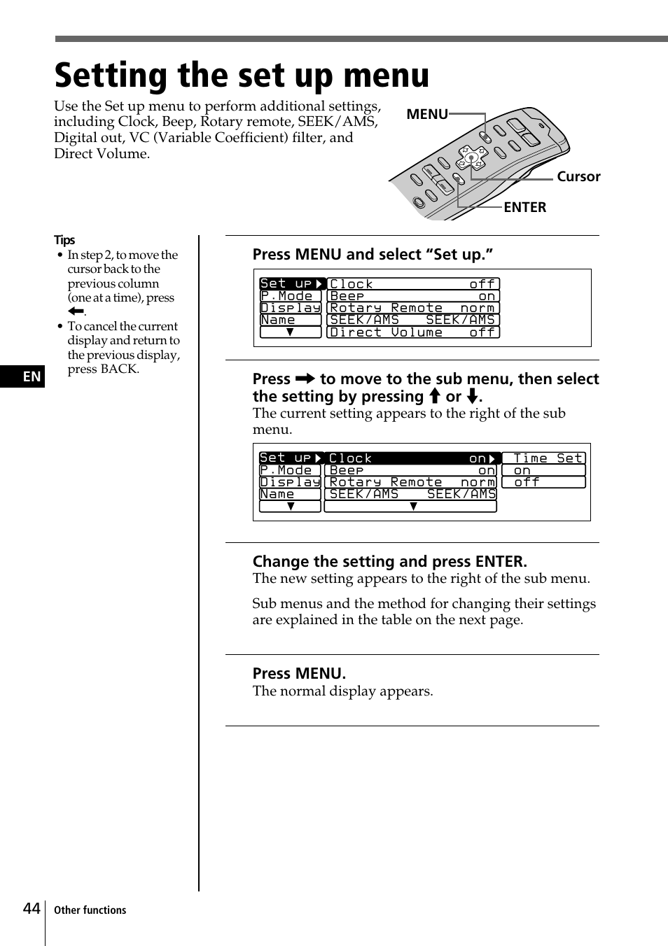 Setting the set up menu | Sony CDX-C90 User Manual | Page 44 / 68