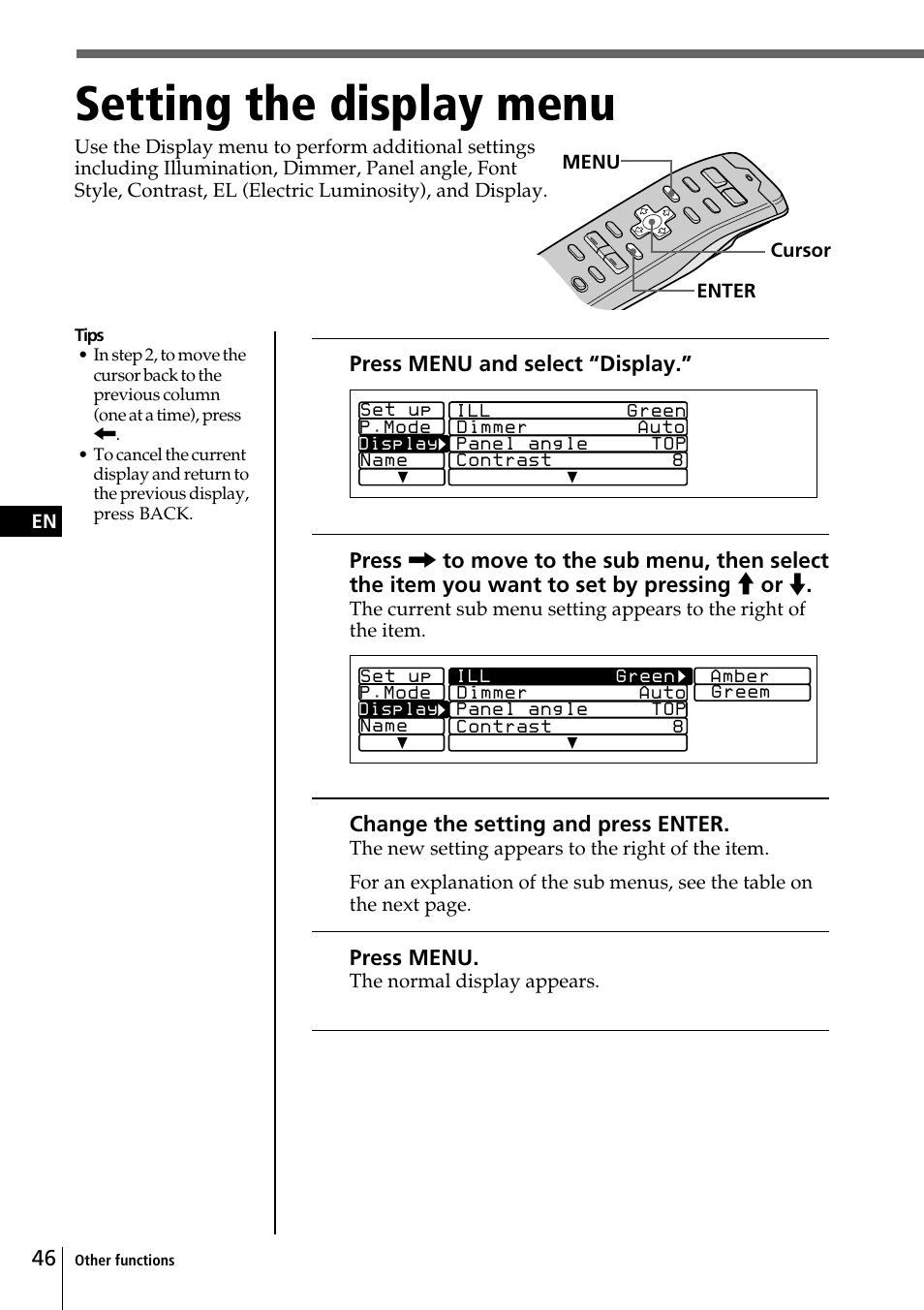 Setting the display menu | Sony CDX-C90 User Manual | Page 46 / 68