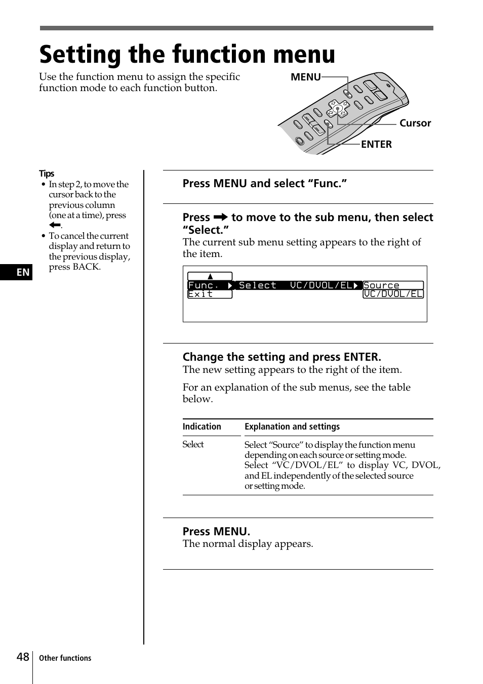 Setting the function menu | Sony CDX-C90 User Manual | Page 48 / 68