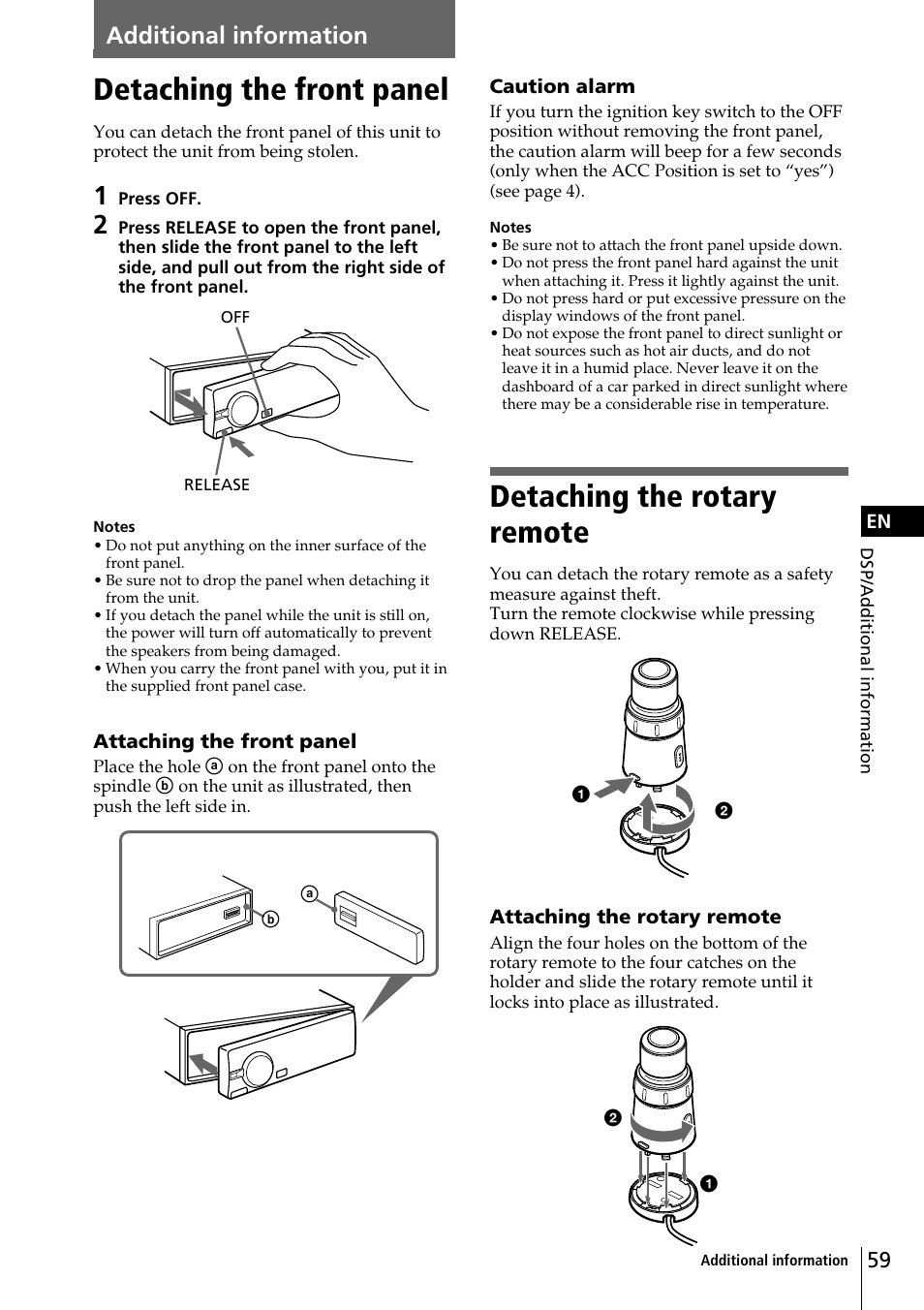 Detaching the rotary remote, Detaching the front panel, Additional information | Sony CDX-C90 User Manual | Page 59 / 68