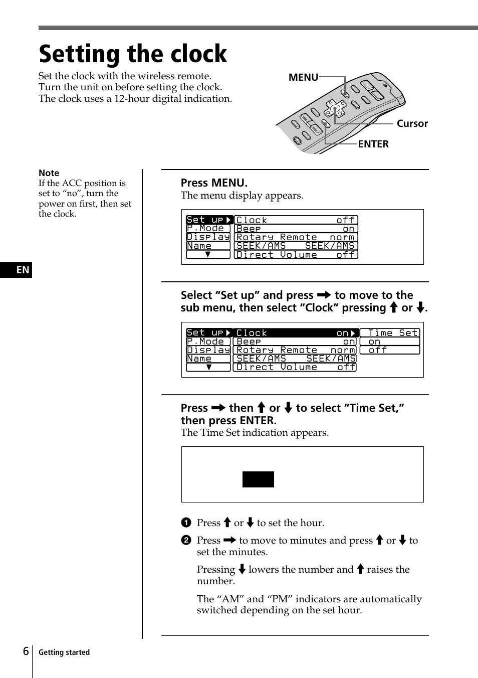 Setting the clock, Time set 1 : 0 5 a m | Sony CDX-C90 User Manual | Page 6 / 68