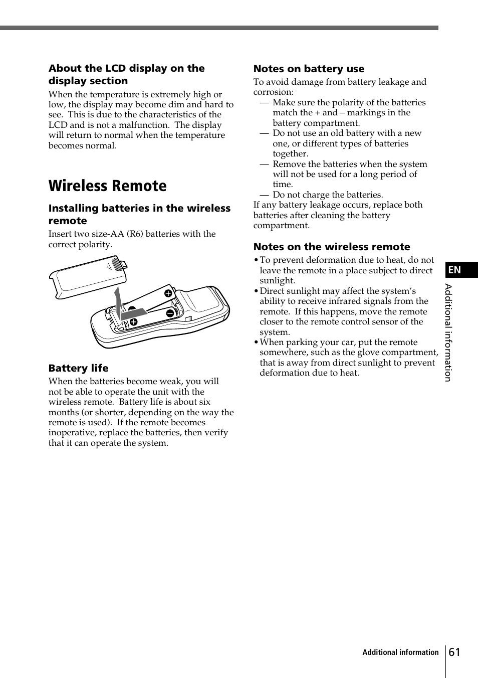 Wireless remote | Sony CDX-C90 User Manual | Page 61 / 68